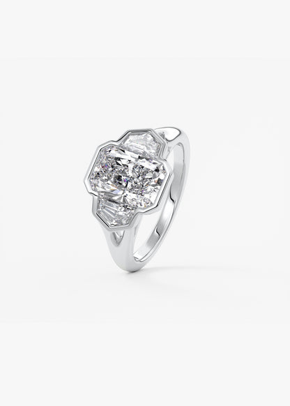 Radiant Three Stone/Bezel Lab Grown Diamond Engagement Ring