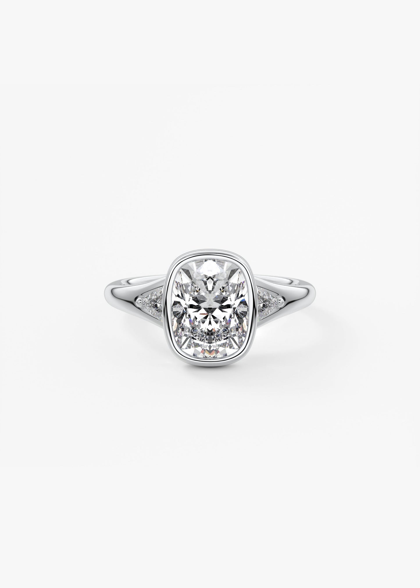 Elongated Cushion Three Stone Bezel Lab Grown Diamond Engagement Ring