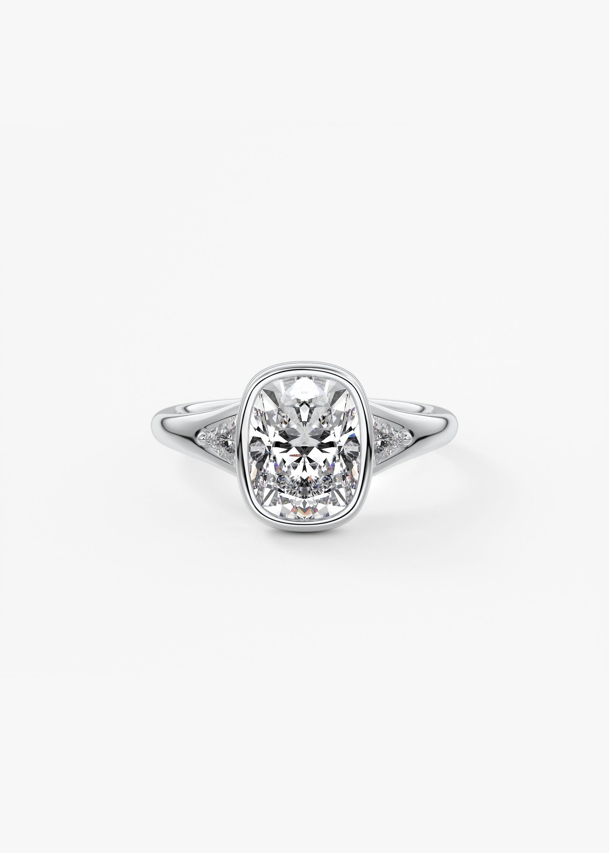 Elongated Cushion Three Stone Bezel Lab Grown Diamond Engagement Ring