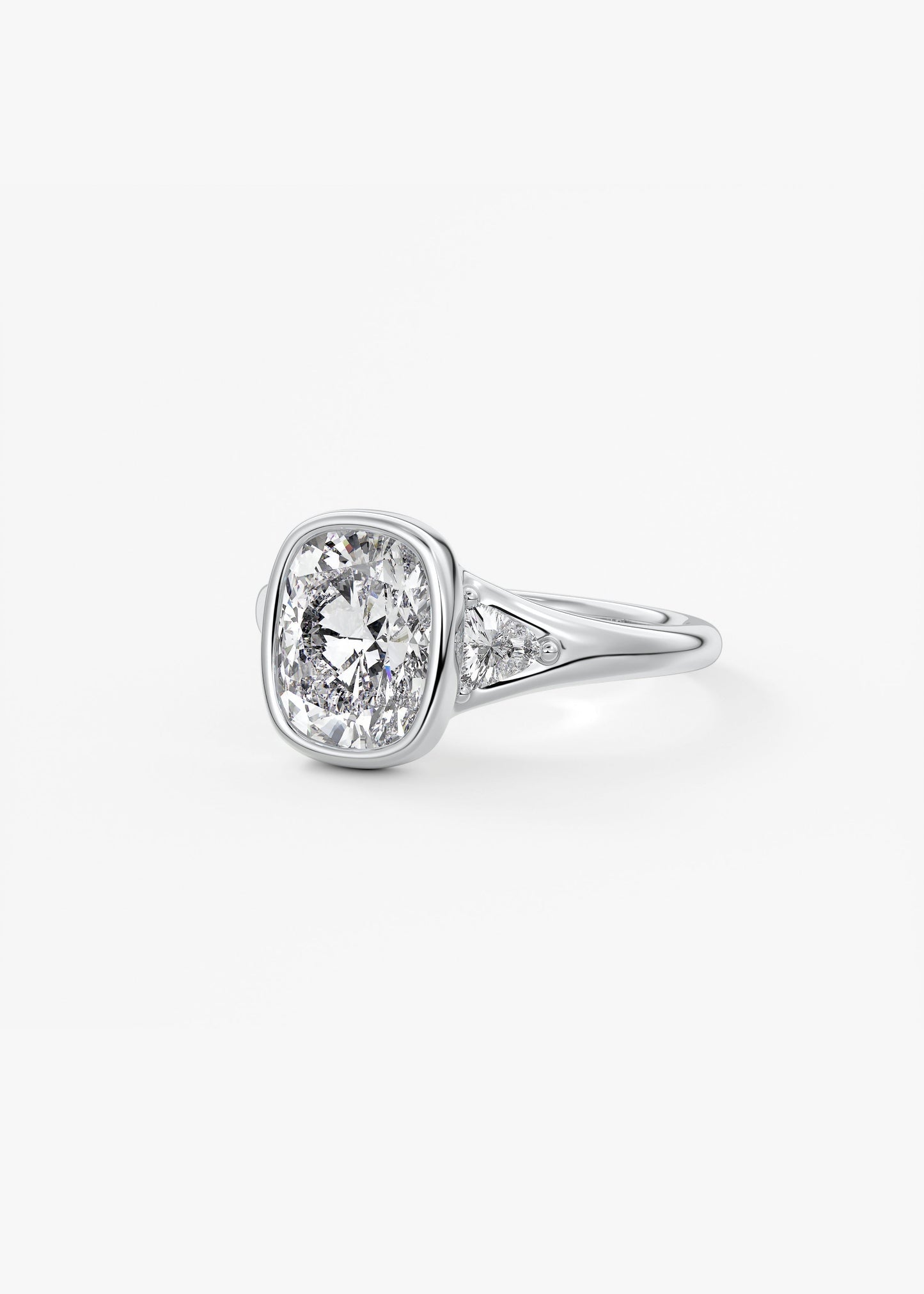Elongated Cushion Three Stone Bezel Lab Grown Diamond Engagement Ring