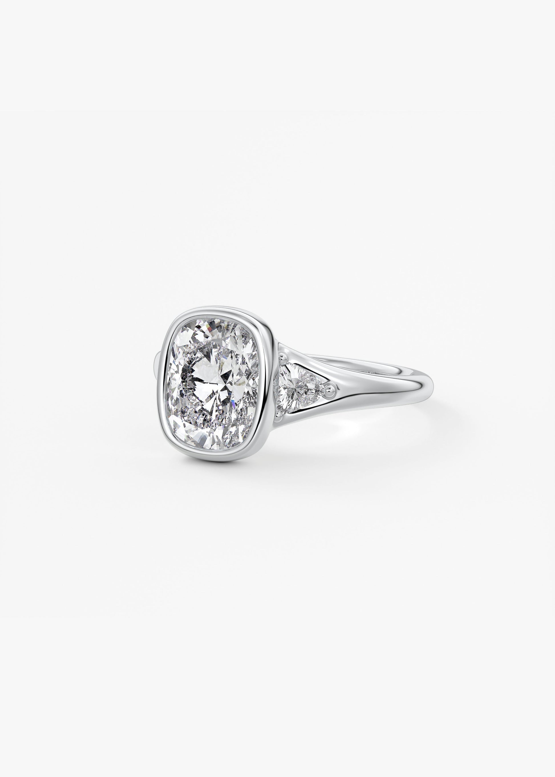 Elongated Cushion Three Stone Bezel Lab Grown Diamond Engagement Ring