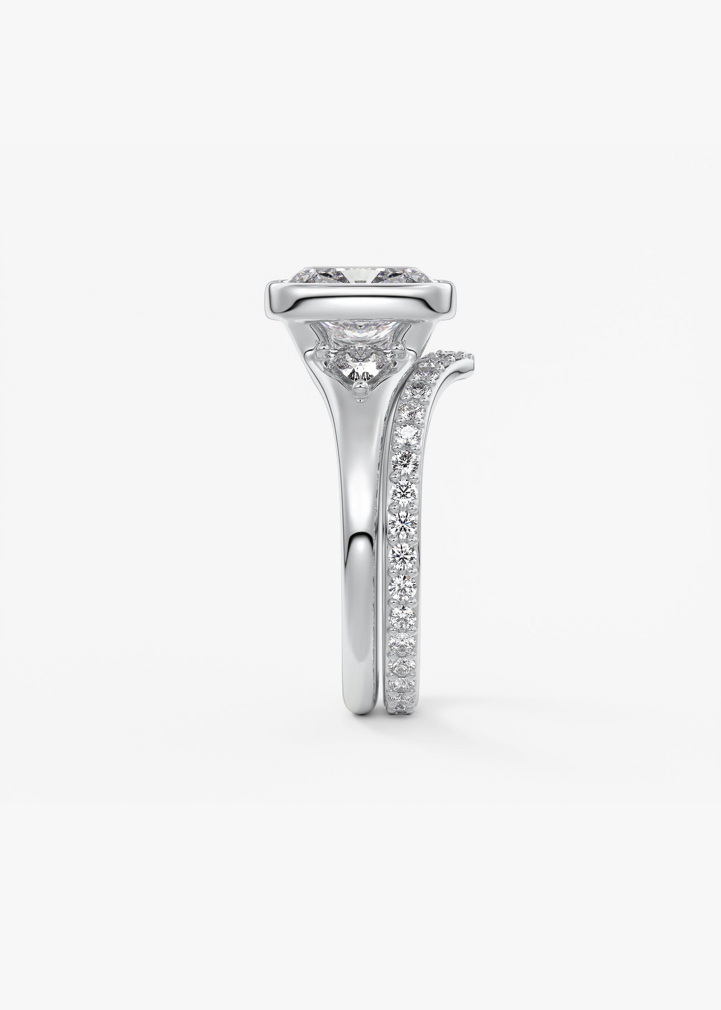 Elongated Cushion Three Stone Bezel Lab Grown Diamond Engagement Ring