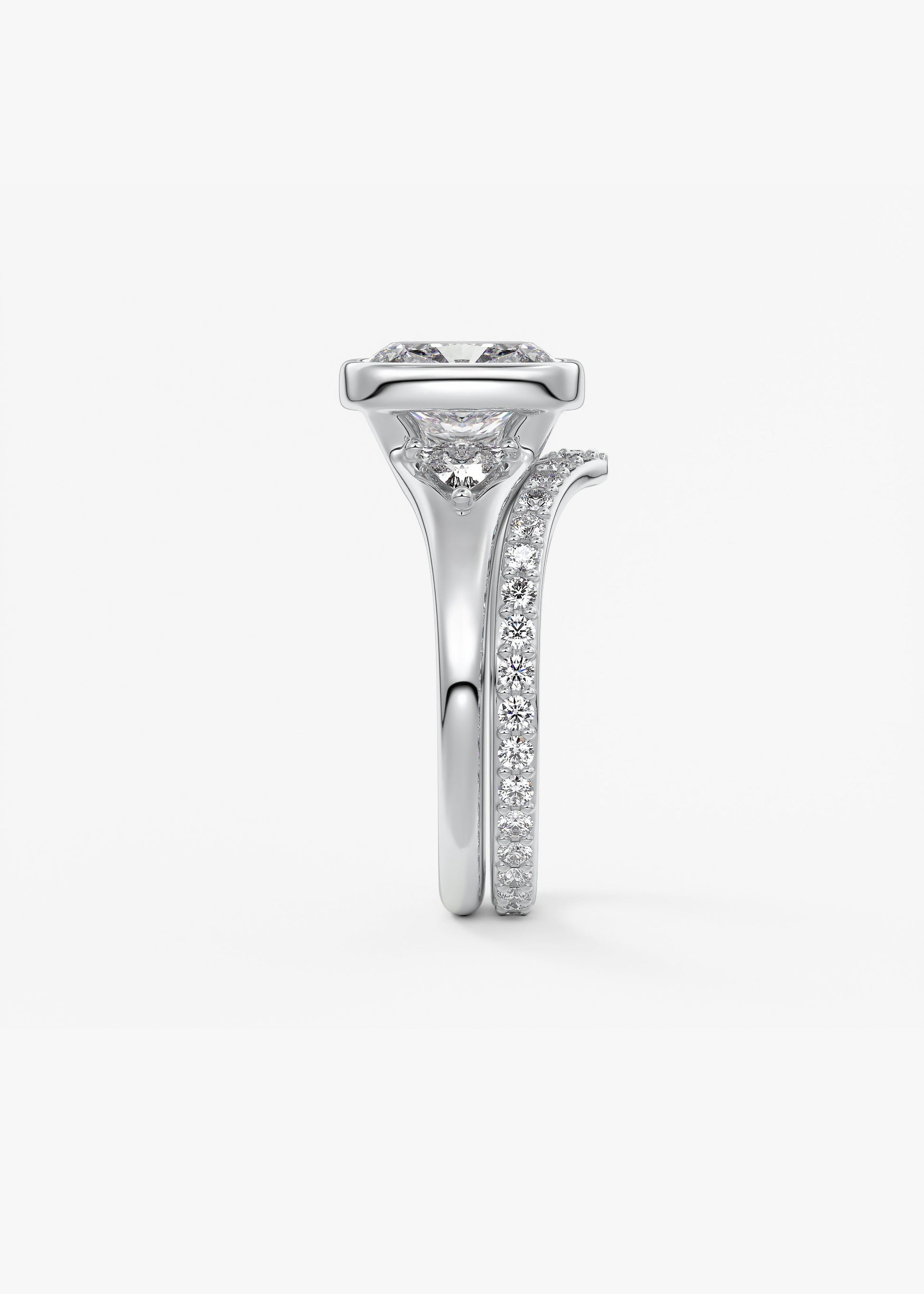 Elongated Cushion Three Stone Bezel Lab Grown Diamond Engagement Ring