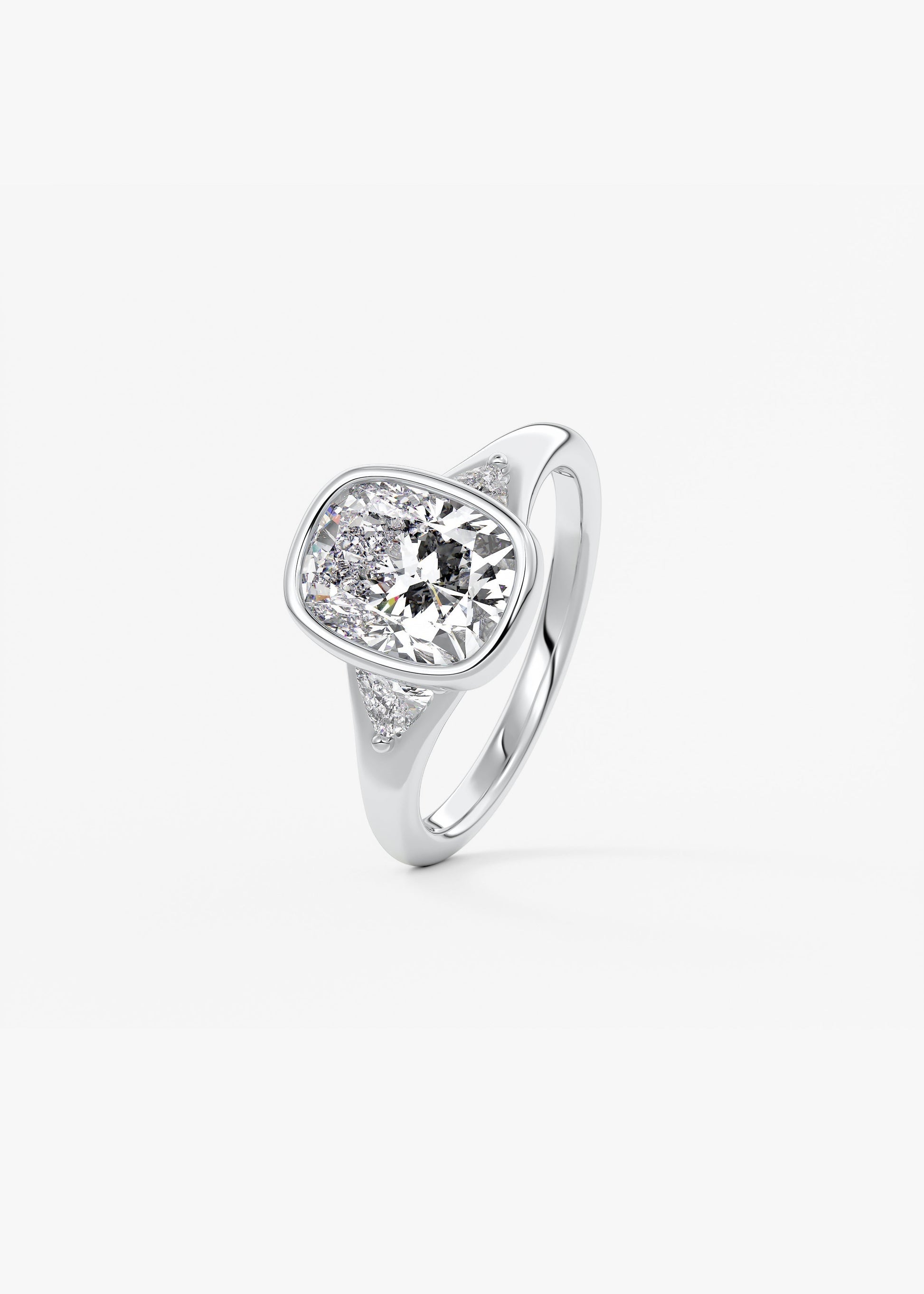 Elongated Cushion Three Stone Bezel Lab Grown Diamond Engagement Ring