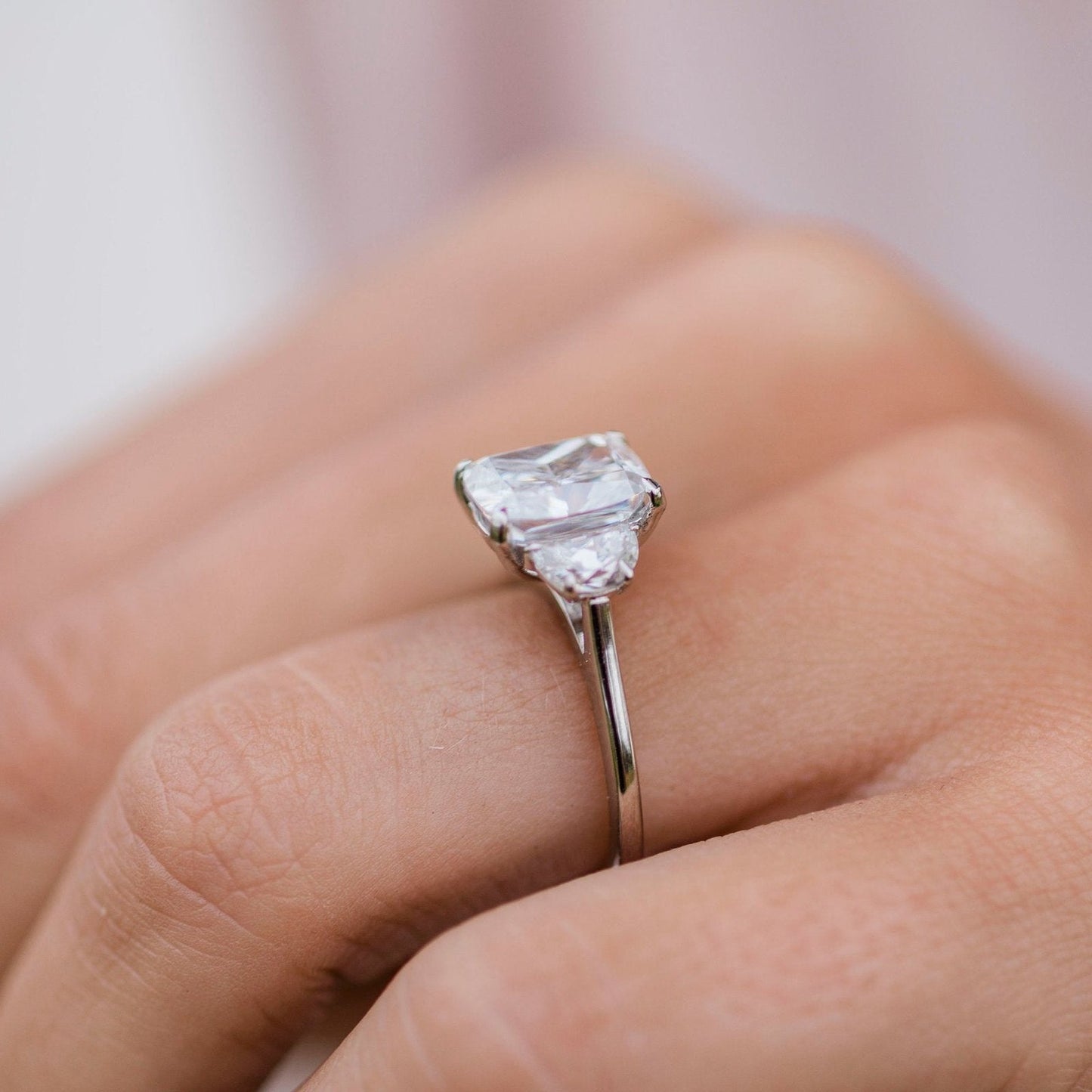Elongated Cushion Three Stone Lab Grown Diamond Engagement Ring
