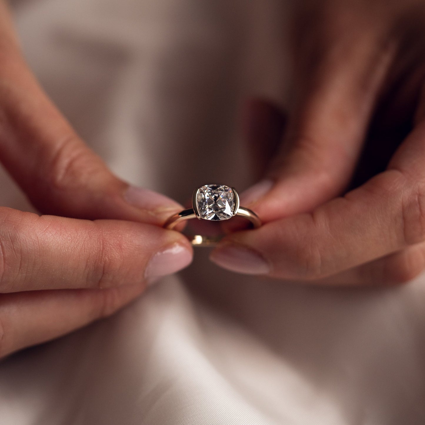 Cushion Solitaire & Half Bezel Moissanite Engagement Ring