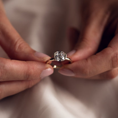 Cushion Solitaire & Half Bezel Moissanite Engagement Ring