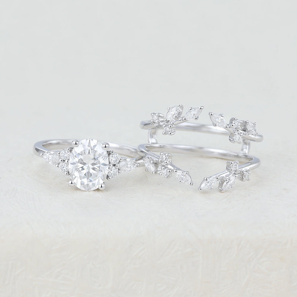 1.33 CT Oval Moissanite Vintage Cluster Bridal Ring Set 6