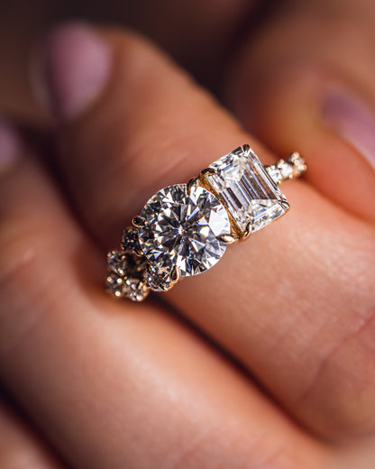 2.80 CT Emerald & Round Cut Two Stone Lab Grown Diamond Engagement Ring