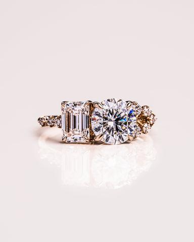 2.80 CT Emerald & Round Cut Two Stone Moissanite Engagement Ring
