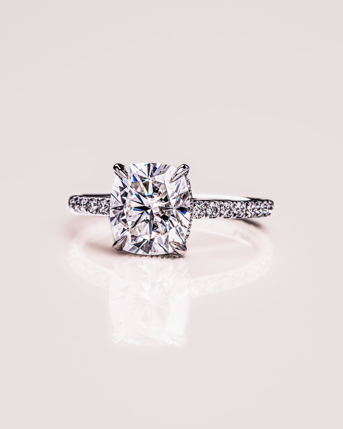 0.96 CT Cushion Lab Grown Diamond Engagement Ring With Hidden Halo & Pave Setting