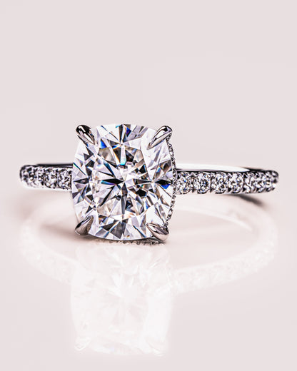 0.96 CT Cushion Lab Grown Diamond Engagement Ring With Hidden Halo & Pave Setting