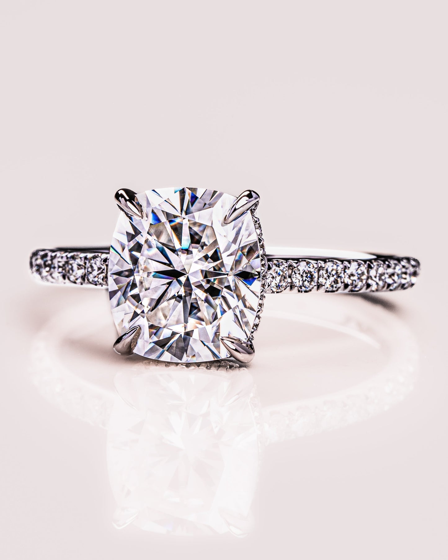 0.96 CT Cushion Lab Grown Diamond Engagement Ring With Hidden Halo & Pave Setting