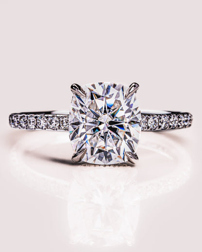 0.96 CT Cushion Lab Grown Diamond Engagement Ring With Hidden Halo & Pave Setting