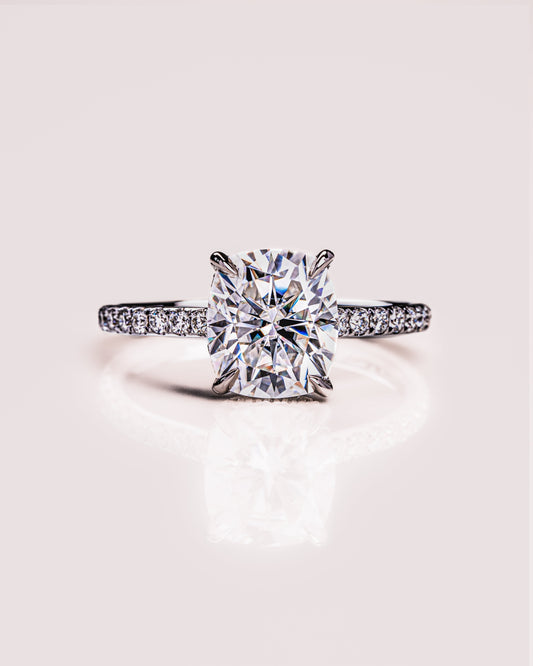 0.96 CT Cushion Lab Grown Diamond Engagement Ring With Hidden Halo & Pave Setting