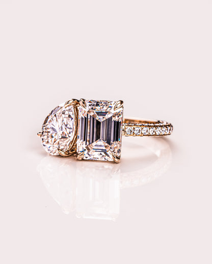 2.25 CT Emerald & Pear Two Stone Lab Grown Diamond Engagement Ring With Three Side Pave Setting