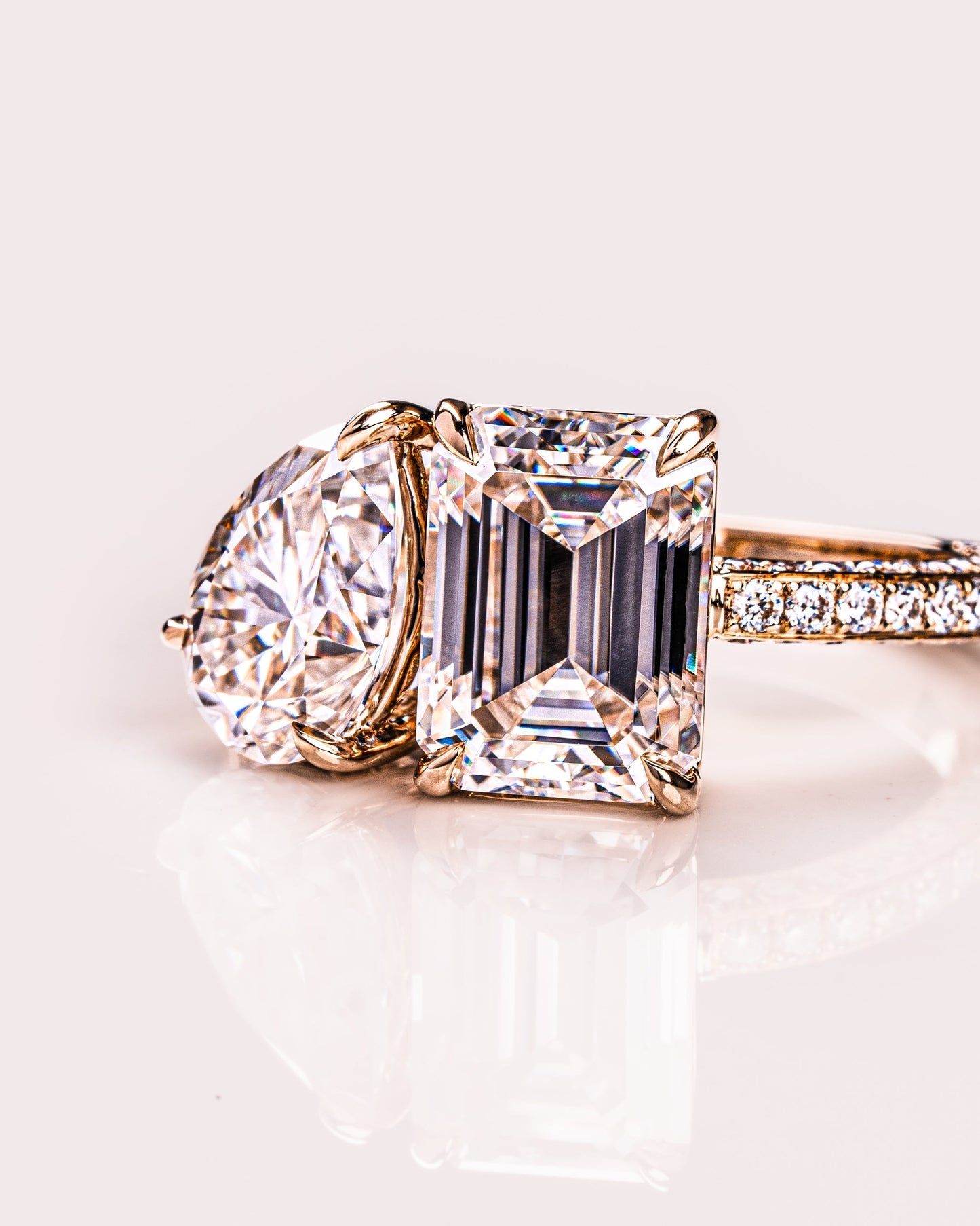 2.25 CT Emerald & Pear Two Stone Lab Grown Diamond Engagement Ring With Three Side Pave Setting