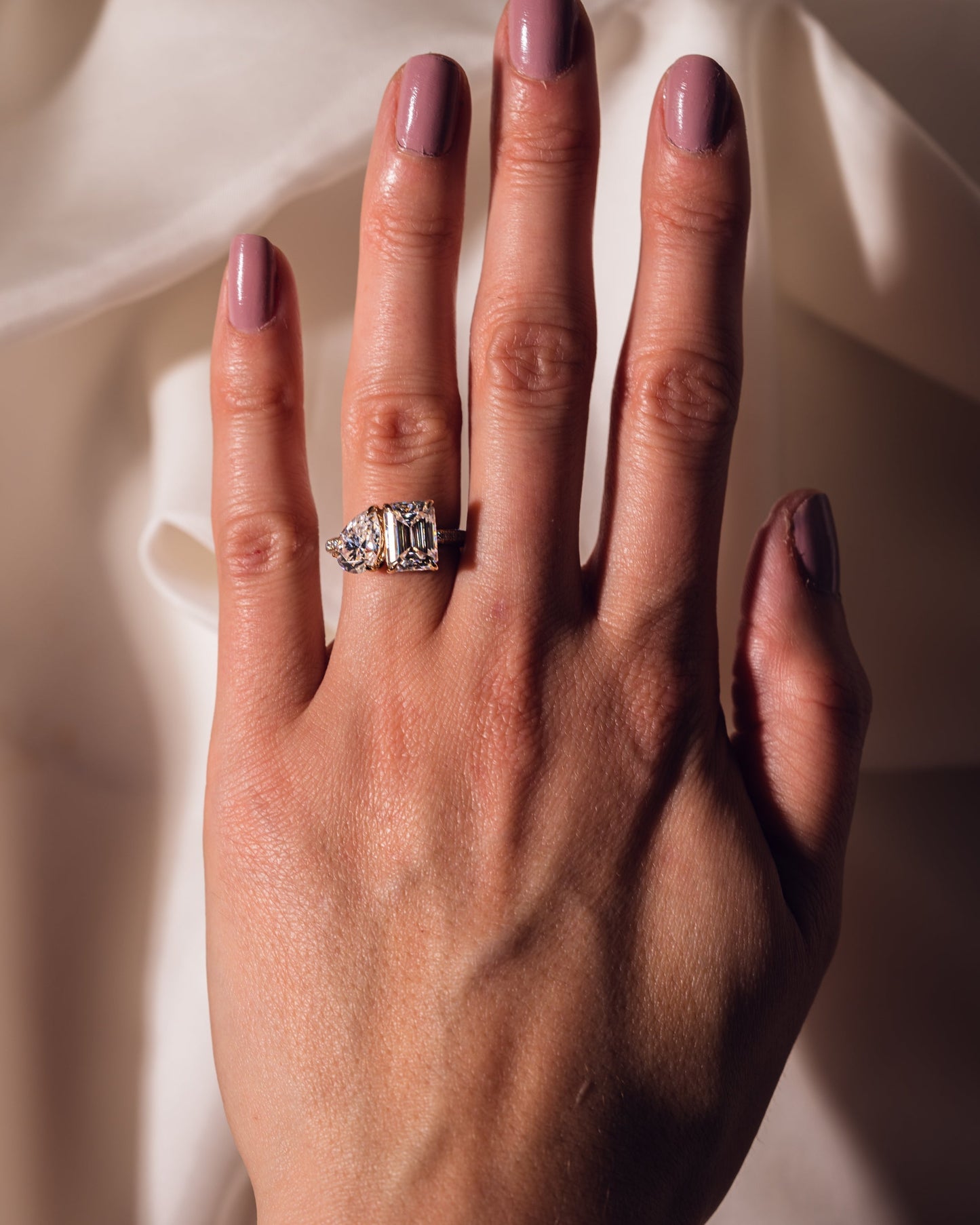 2.25 CT Emerald & Pear Two Stone Lab Grown Diamond Engagement Ring With Three Side Pave Setting