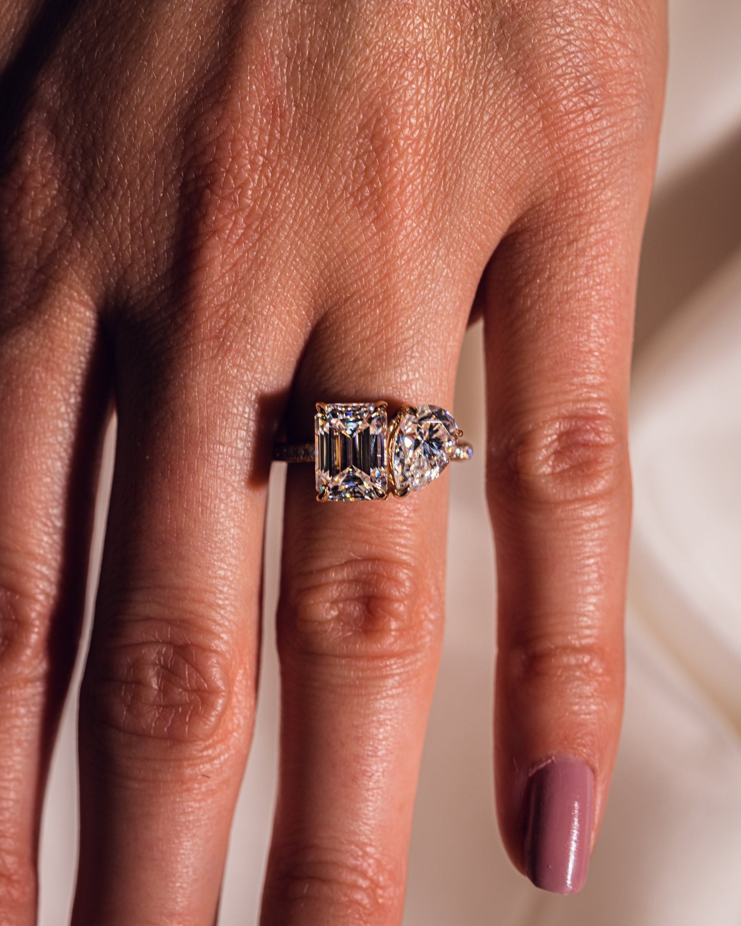 2.25 CT Emerald & Pear Two Stone Lab Grown Diamond Engagement Ring With Three Side Pave Setting