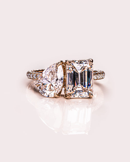 2.25 CT Emerald & Pear Two Stone Lab Grown Diamond Engagement Ring With Three Side Pave Setting