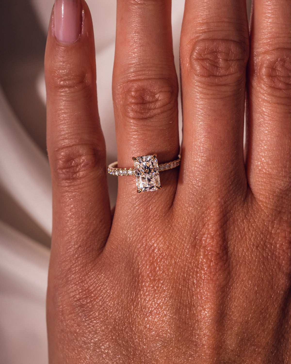 2.43 CT Radiant Cut Moissanite Engagement Ring With Hidden Halo Setting