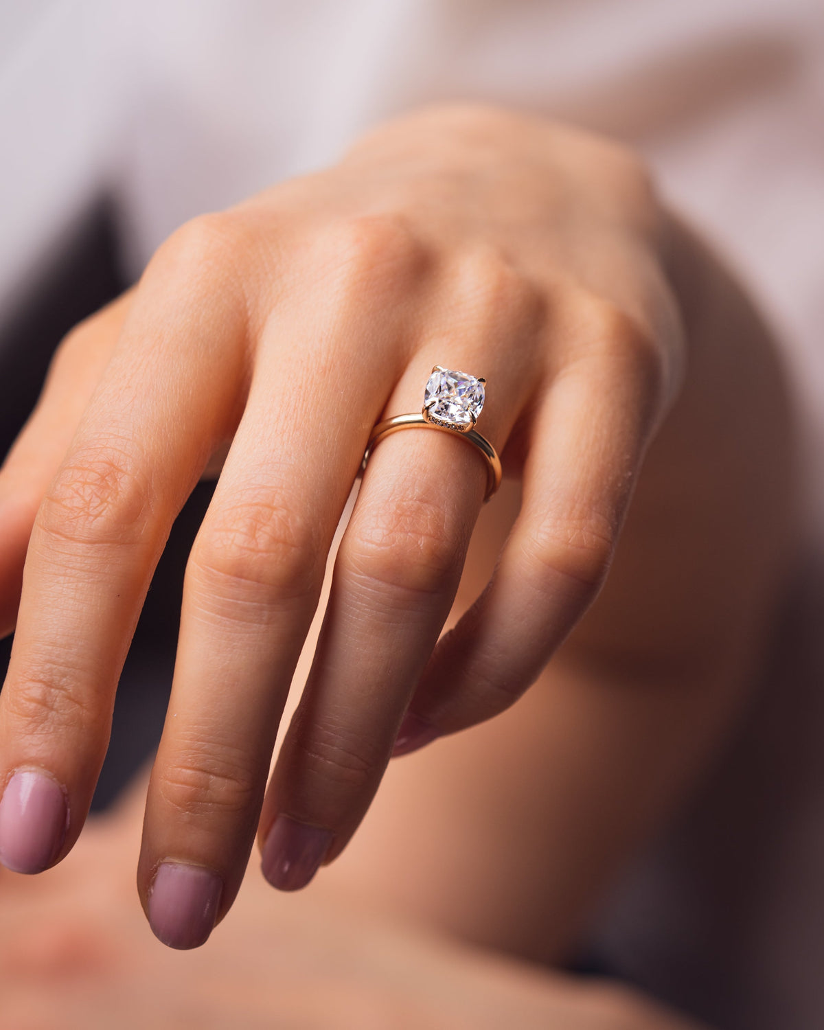 1.49 CT Cushion Cut Moissanite Engagement Ring With Hidden Halo Setting