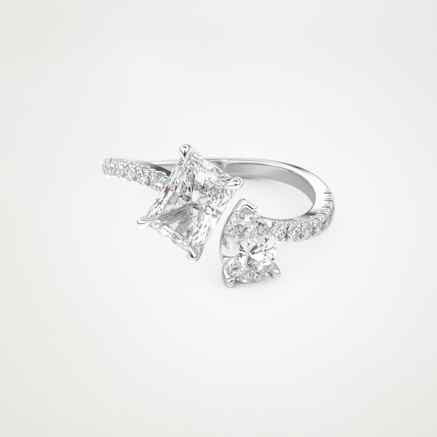 Radiant & Pear Two Stone Pave & Open Shank Lab Grown Diamond Engagement Ring
