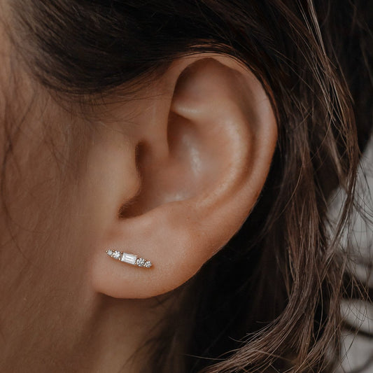 0.15 TCW Baguette & Round Cut Moissanite Stud Earrings