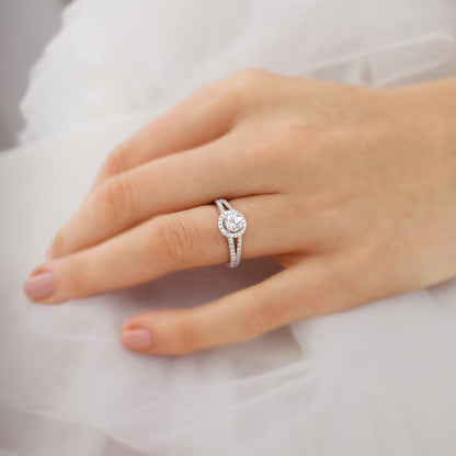 Round Halo & Pave Split Shank Lab Grown Diamond Engagement Ring