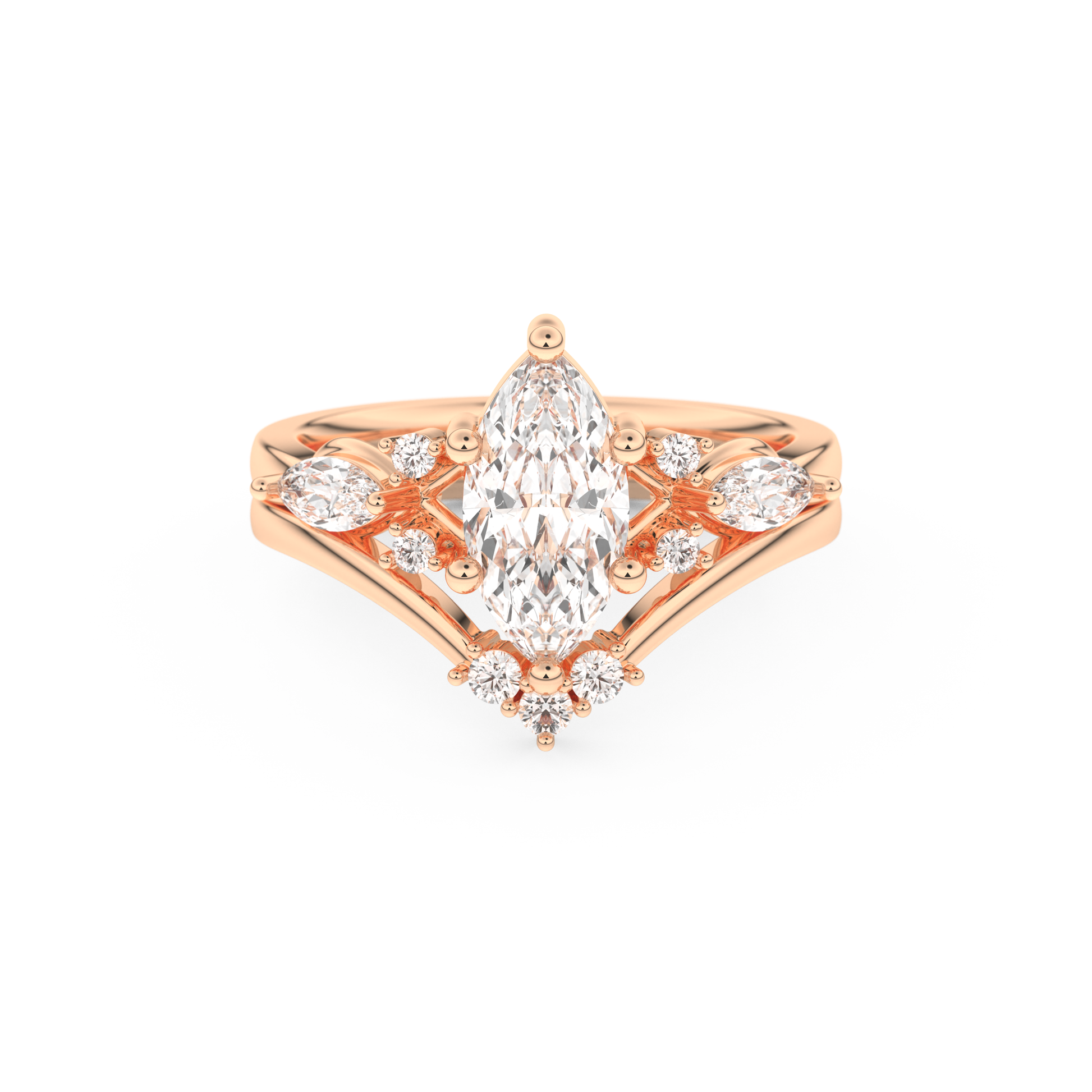 Marquise Cut Moissanite Bridal Set with Solitaire Settings– 1.08 CT Center, 0.32 TCW Accents 13