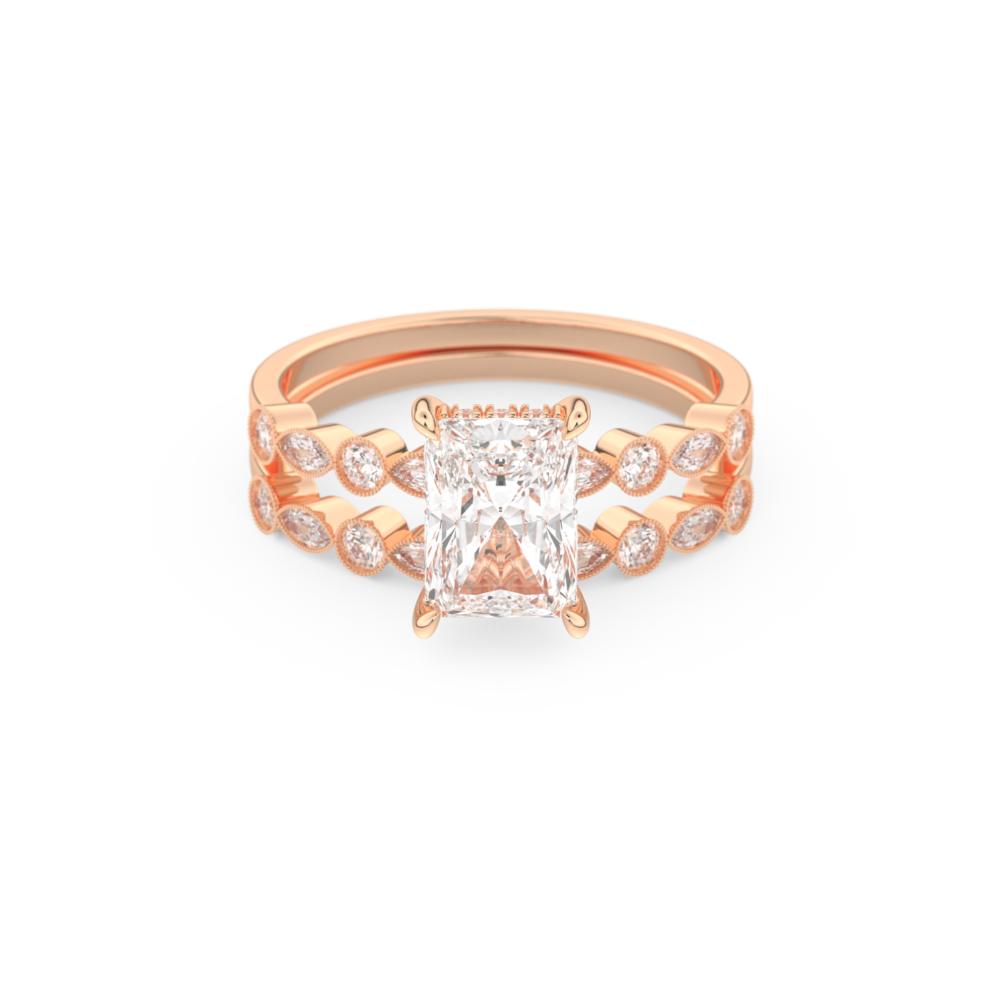 Radiant Cut Moissanite Bridal Set with Pave Settings– 1.56 CT Center, 0.53 TCW Accents 13