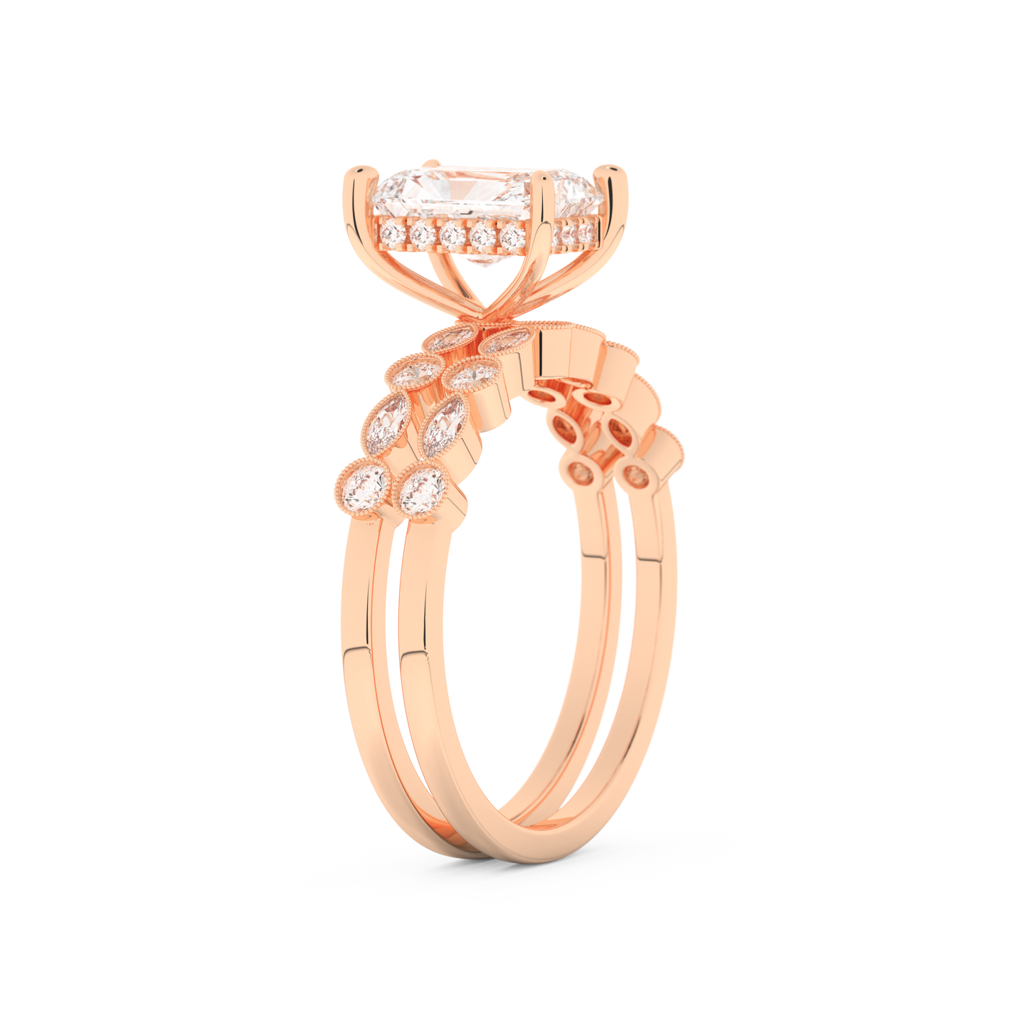 Radiant Cut Moissanite Bridal Set with Pave Settings– 1.56 CT Center, 0.53 TCW Accents 16