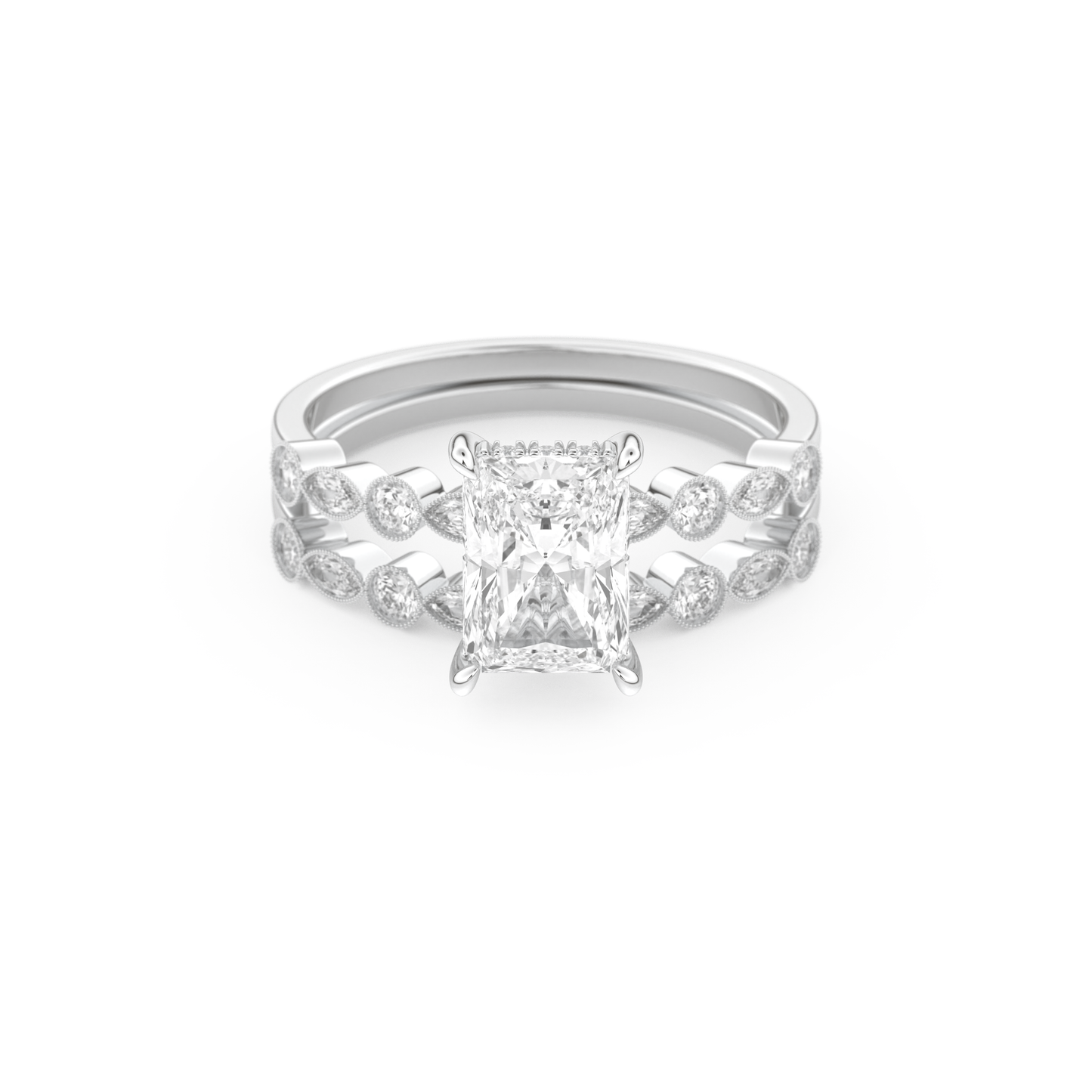 Radiant Cut Moissanite Bridal Set with Pave Settings– 1.56 CT Center, 0.53 TCW Accents 1