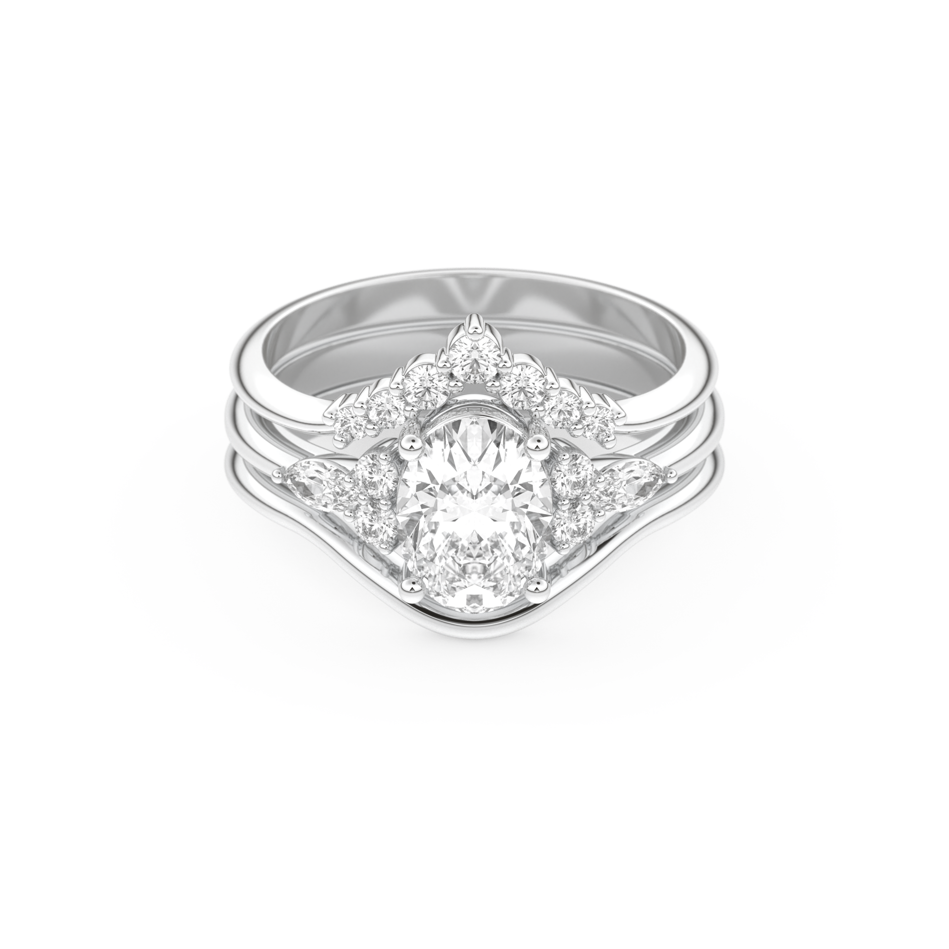 Oval Cut Moissanite Bridal Set with Three Stone Settings – 1.18 CT Center, 0.32 TCW Accents 1
