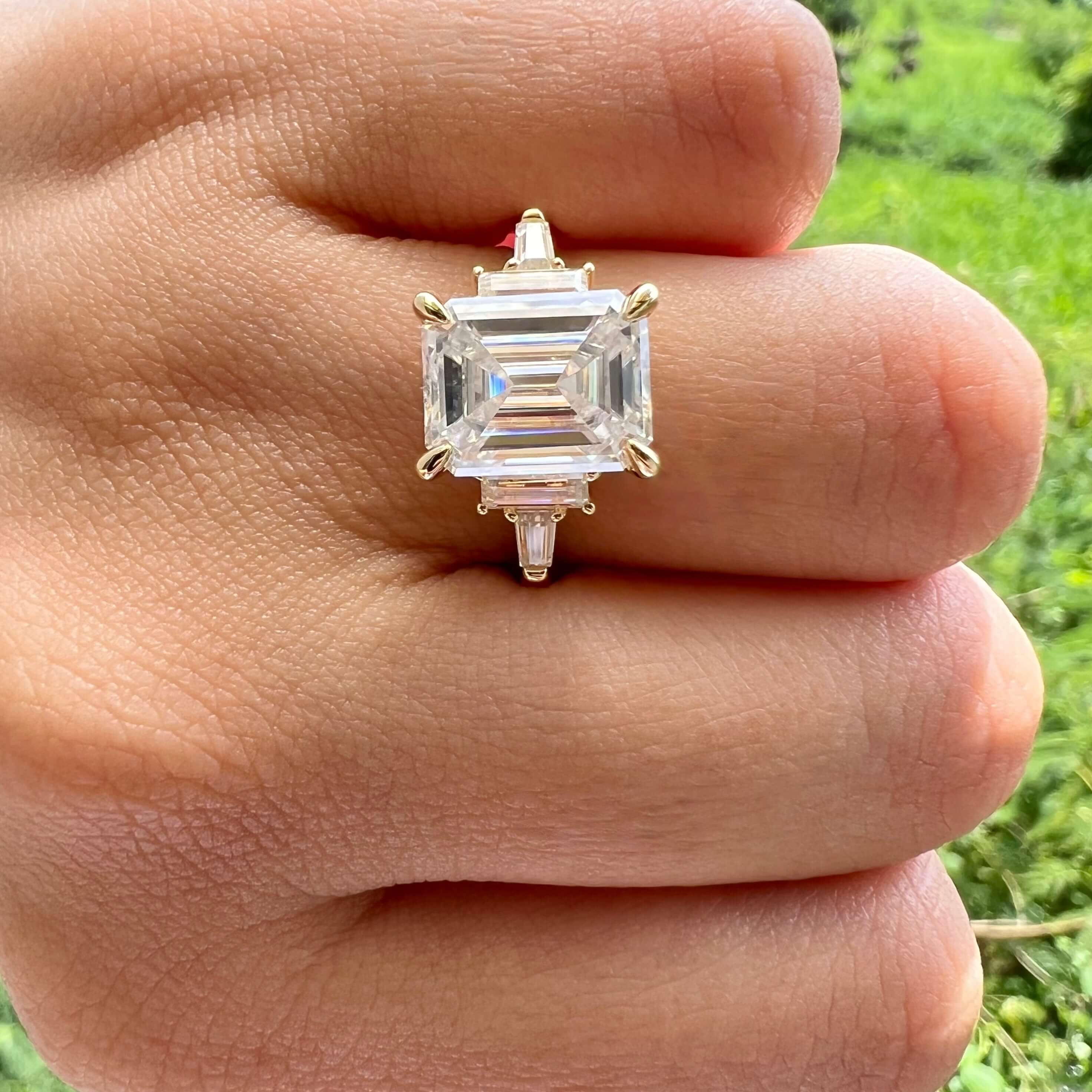 5.75 CT Emerald Cut 3 Stone Moissanite Engagement Ring 2