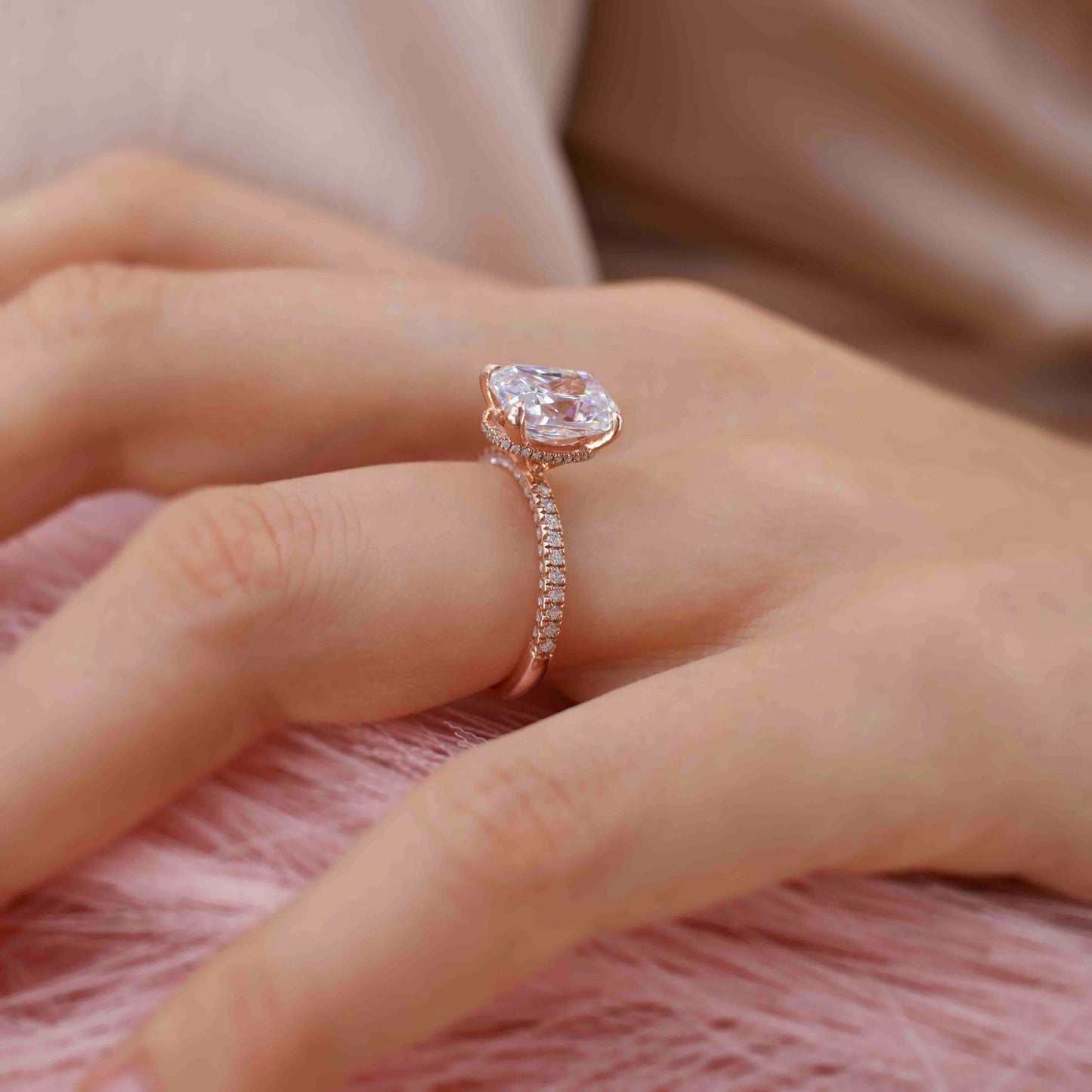 Elongated Cushion Hidden Halo Lab Grown Diamond Engagement Ring