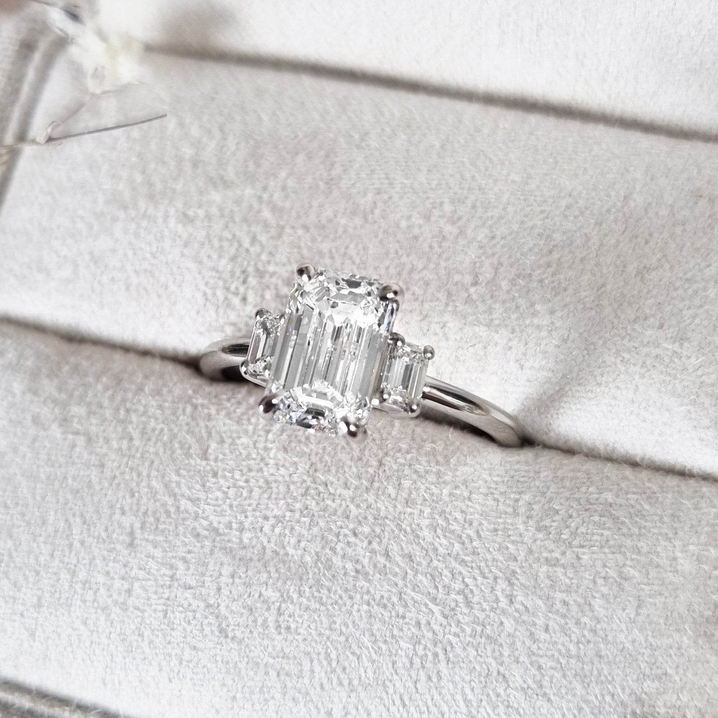 2.29 CT Emerald Three Stone  Lab Grown Diamond Engagement Ring