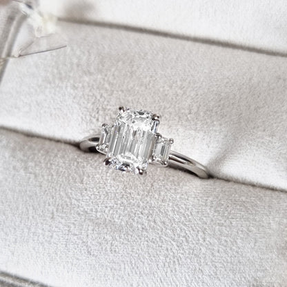 2.29 CT Emerald Three Stone  Lab Grown Diamond Engagement Ring