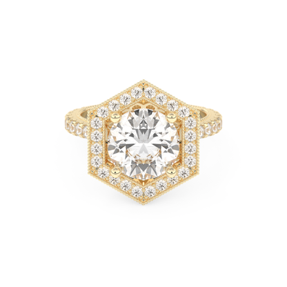 Elongated Round Cut 2.43 Carat Moissanite Ring – Hidden Halo & Pave Setting in Gold