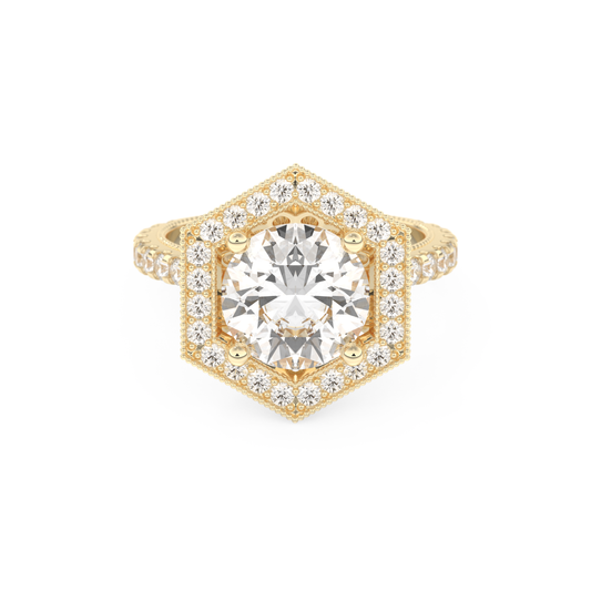 Elongated Round Cut 2.43 Carat Moissanite Ring – Hidden Halo & Pave Setting in Gold