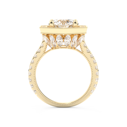 Elongated Round Cut 2.43 Carat Moissanite Ring – Hidden Halo & Pave Setting in Gold