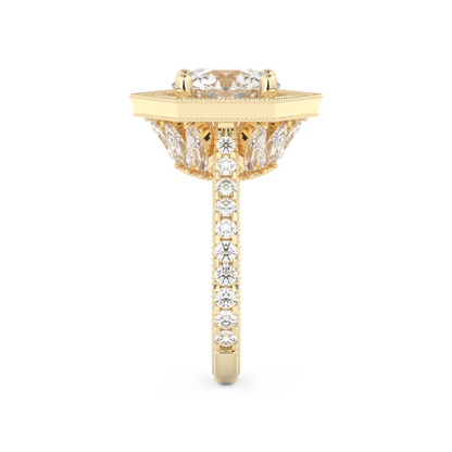 Elongated Round Cut 2.43 Carat Moissanite Ring – Hidden Halo & Pave Setting in Gold