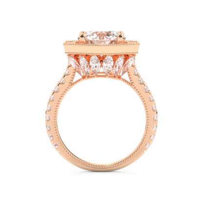 Elongated Round Cut 2.43 Carat Moissanite Ring – Hidden Halo & Pave Setting in Gold