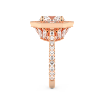 Elongated Round Cut 2.43 Carat Moissanite Ring – Hidden Halo & Pave Setting in Gold
