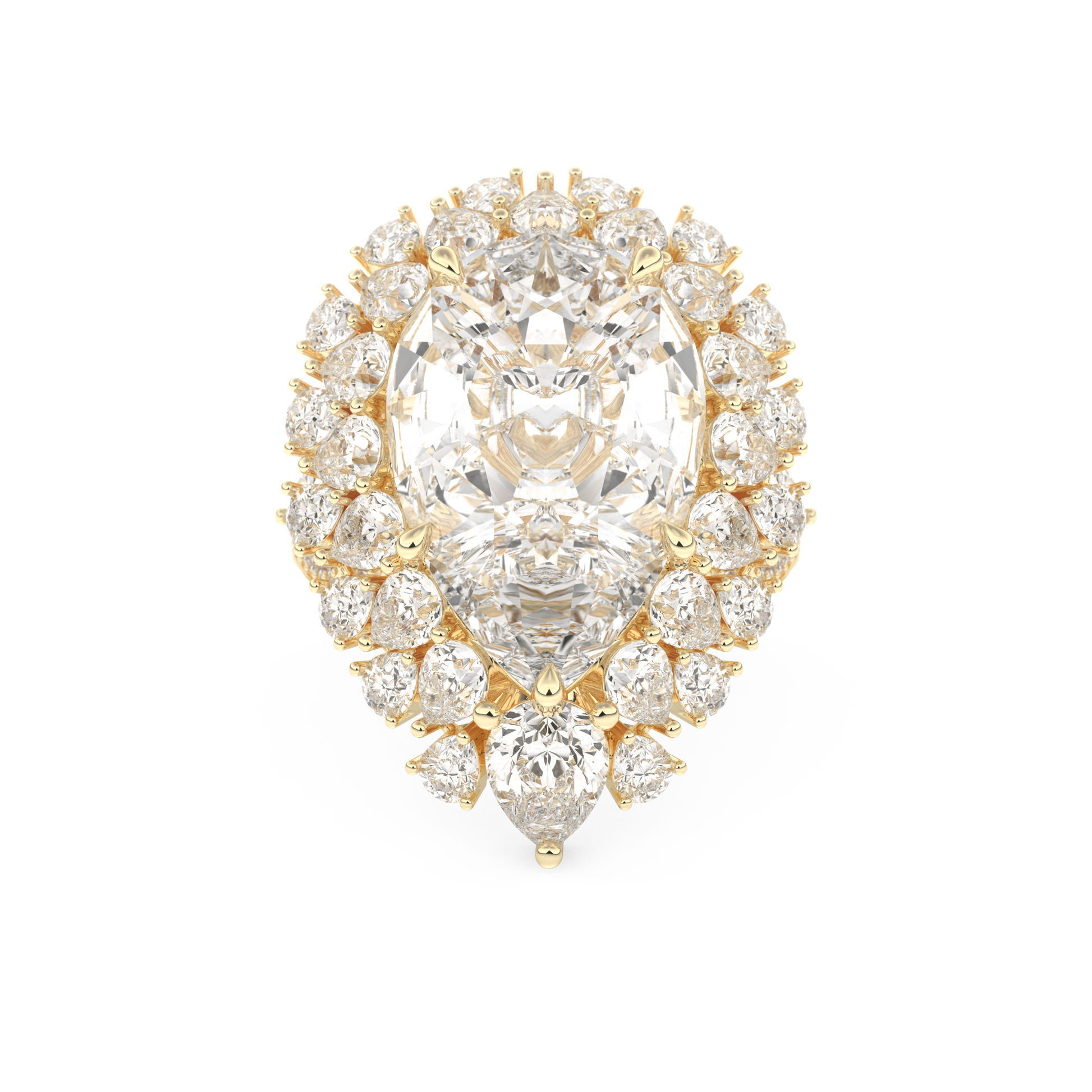 Elongated Pear Cut 7.97 Carat Moissanite Ring – Hidden Halo & Pave Setting in Gold