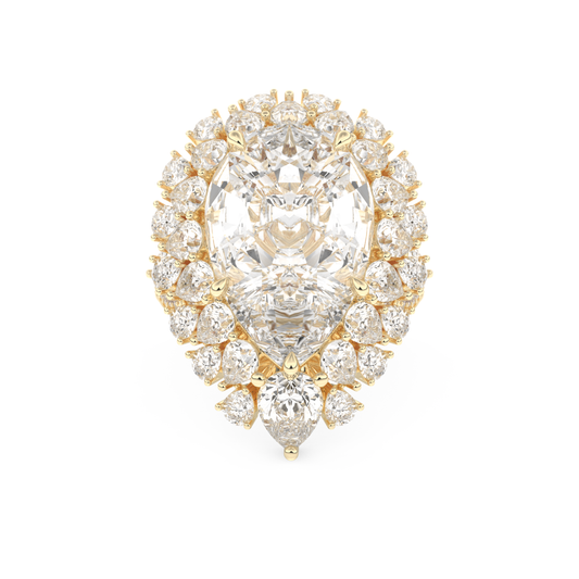 Elongated Pear Cut 7.97 Carat Moissanite Ring – Hidden Halo & Pave Setting in Gold