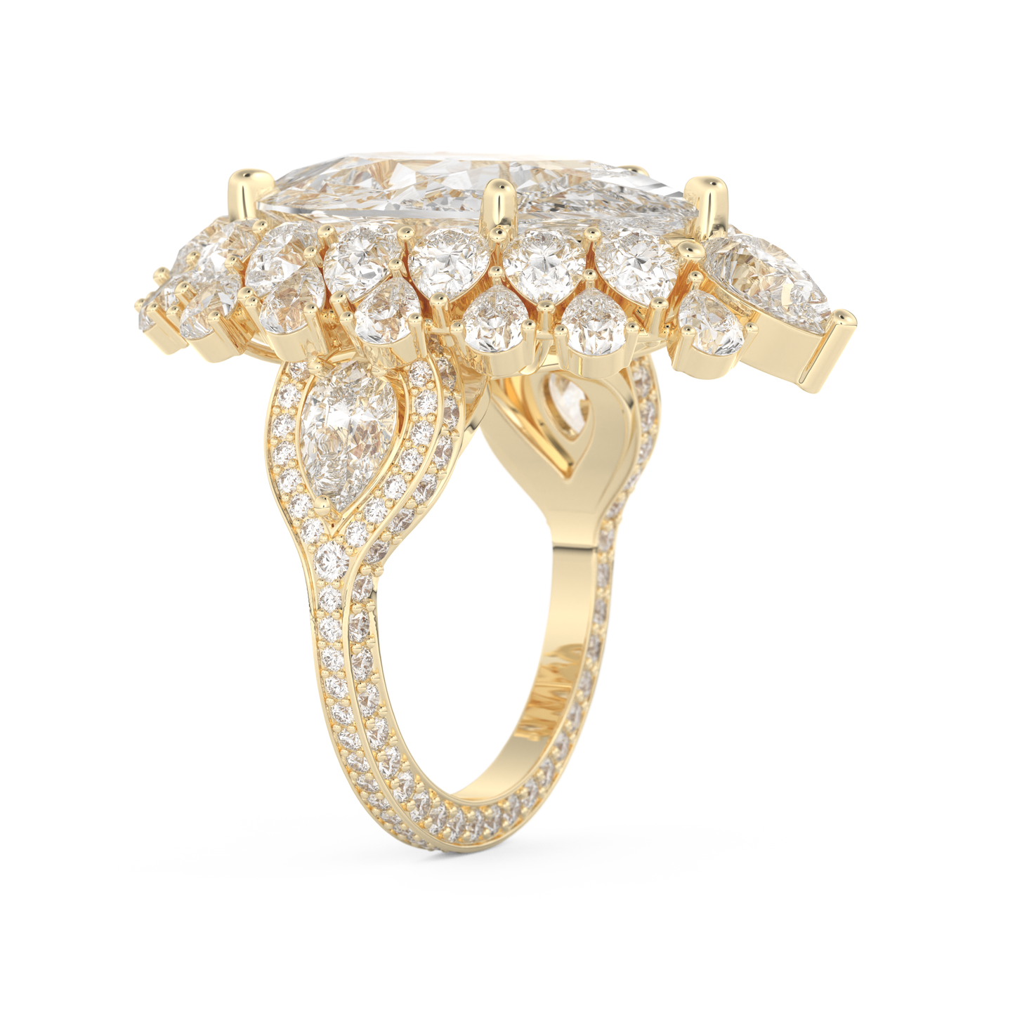 Elongated Pear Cut 7.97 Carat Moissanite Ring – Hidden Halo & Pave Setting in Gold