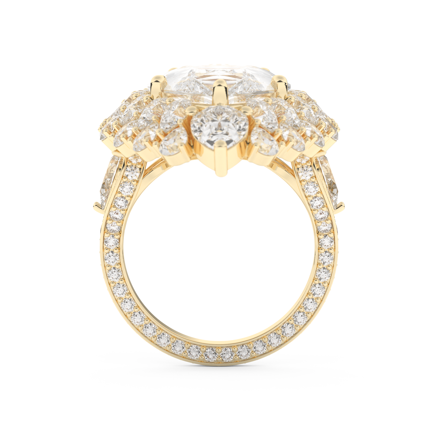 Elongated Pear Cut 7.97 Carat Moissanite Ring – Hidden Halo & Pave Setting in Gold