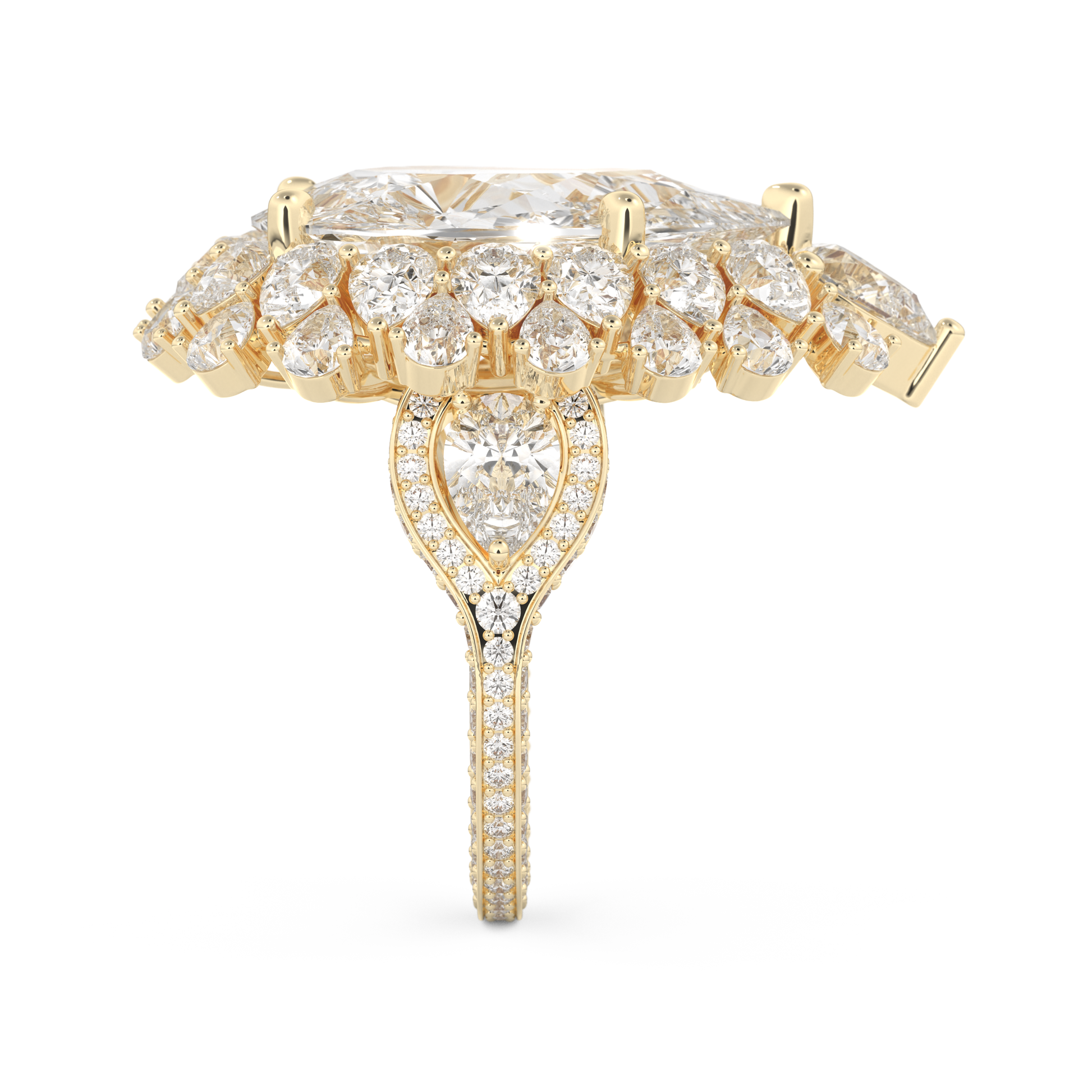Elongated Pear Cut 7.97 Carat Moissanite Ring – Hidden Halo & Pave Setting in Gold