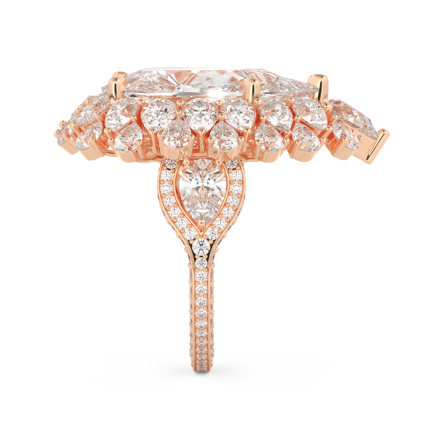 Elongated Pear Cut 7.97 Carat Moissanite Ring – Hidden Halo & Pave Setting in Gold